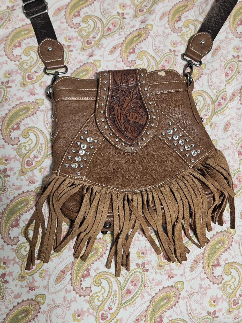 Fringed Brown Crossbody Bag with Stud Details
